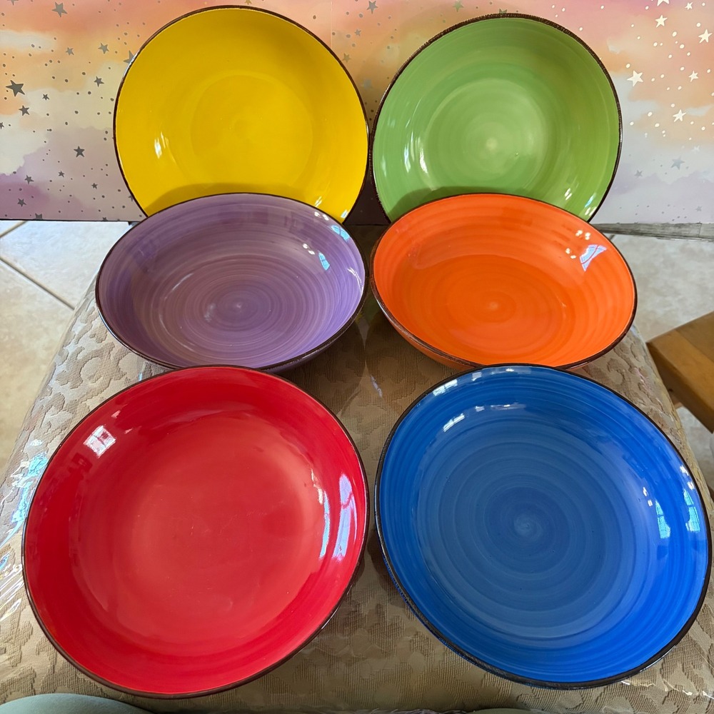 Vancasso Bonita Stoneware Pasta Bowl 6 Rainbow Colors Hand Painted 8.25" Shallow